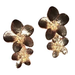 Double Sakura Gold Blossom Flower Statement Earrings 3D Floral Hibiscus Flowers